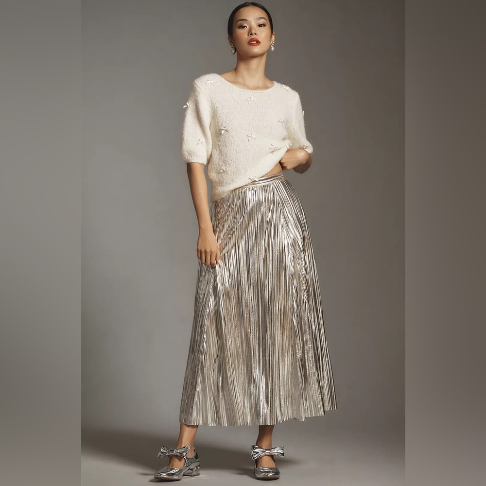Anthropologie Silver Pleated Midi Skirt